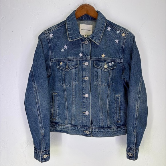 Lucky Brand Jackets & Blazers - Lucky Brand Embroidered Denim Trucker Jacket Women's Size M Floral Star Boho‎